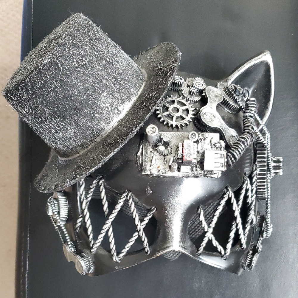 Steampunk Black and Silver Kitty Cat Mask with Top Hat